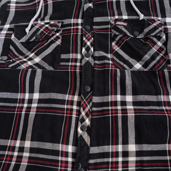Dickies Black Red Checker Button Up Removable Hood Quilt Stitch Lined Shacket XL - Picture 8 of 15